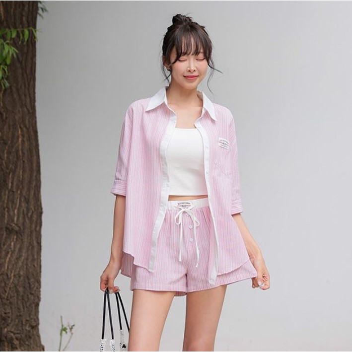 My girl夏季新款韩国代购流行时尚百搭简单舒适淑女衬衫短裤套装