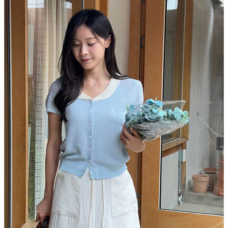 My girl夏季新款韩国代购流行时尚简单淑女风显瘦短袖套头针织衫