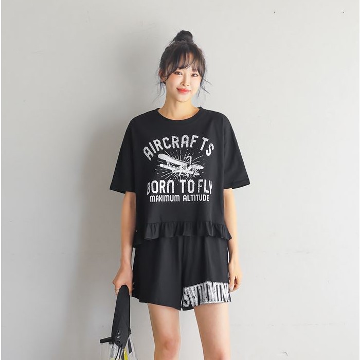 My girl夏季新款韩国代购流行时尚百搭简单舒适字母T恤短裤套装
