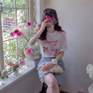 girl夏季 韩国代购 新款 T恤 流行显瘦时尚 甜美可爱淑女气质短袖