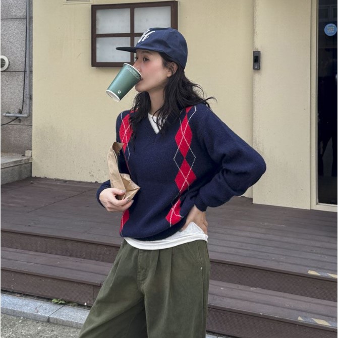 My girl秋季新款韩国代购休闲风百搭流行舒适简单V领套头针织衫