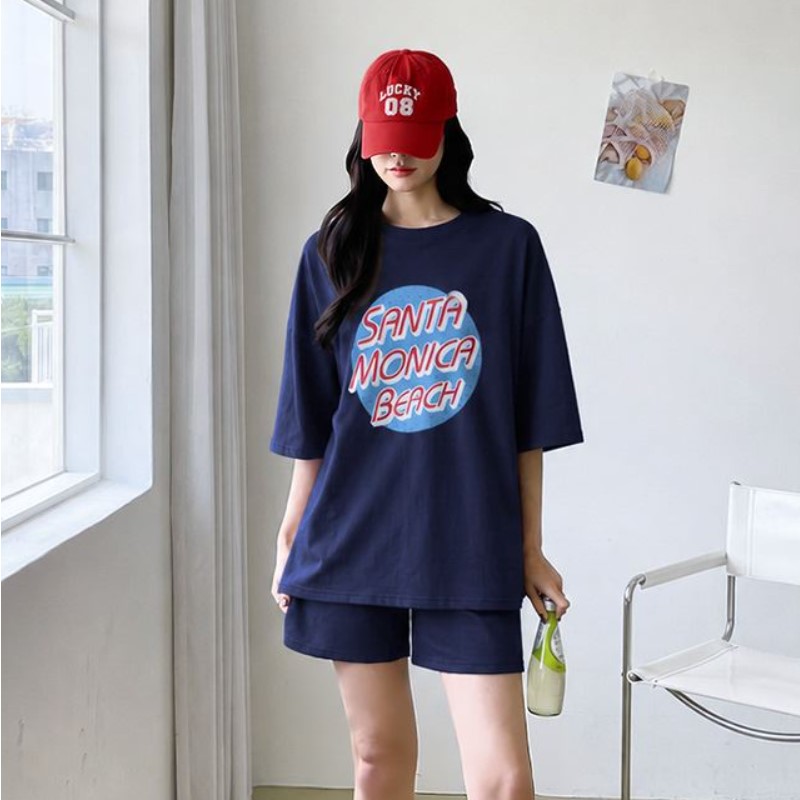 My girl夏季新款韩国代购舒适流行时尚简单休闲风字母T恤短裤套装