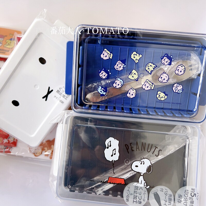 清仓日本制造史努比 原田治米菲卡通黄油带盖储存盒 附黄油刀