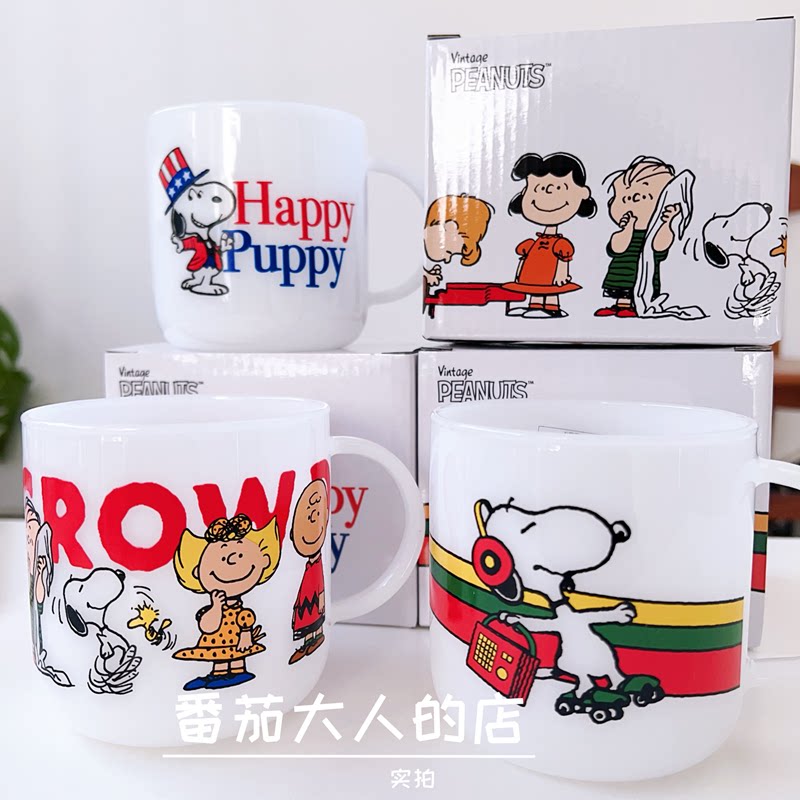 现货!日本带回史努比新款美式彩绘图案玻璃杯 耐热水杯牛奶杯