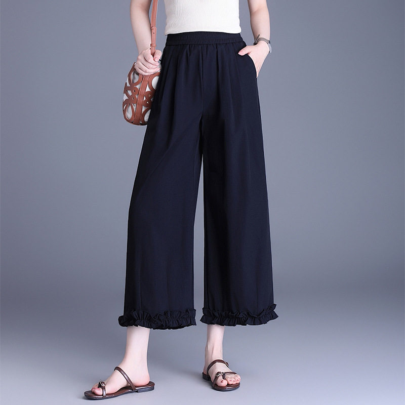 宾利酷堡女裤女洋气花边九分阔腿裤女松紧腰2026年夏季薄款小个子