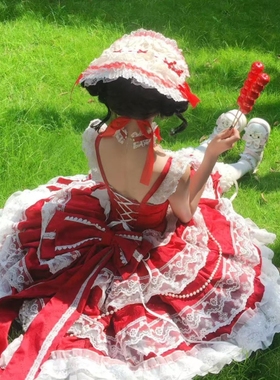 原创洛丽塔汉洋折衷帽波奈特BNT蕾丝蝴蝶结cla写真lolita草帽红色