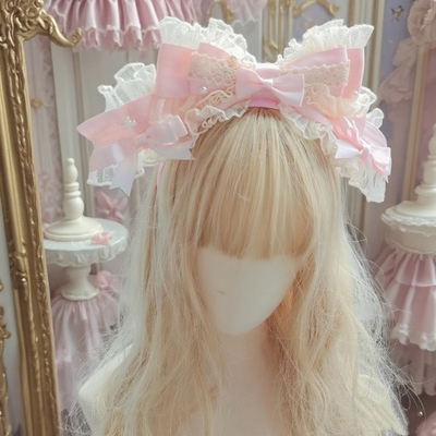 原创Lolita发饰粉色昭和十字恋人doll手作大蝴蝶结发箍袖发带小物