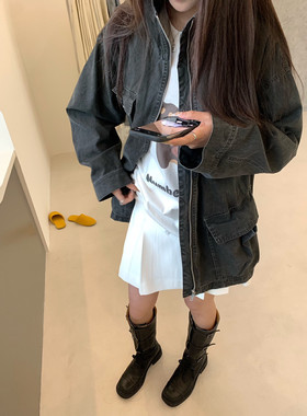 春季新款韩系ins复古时髦水洗做旧工装牛仔外套女