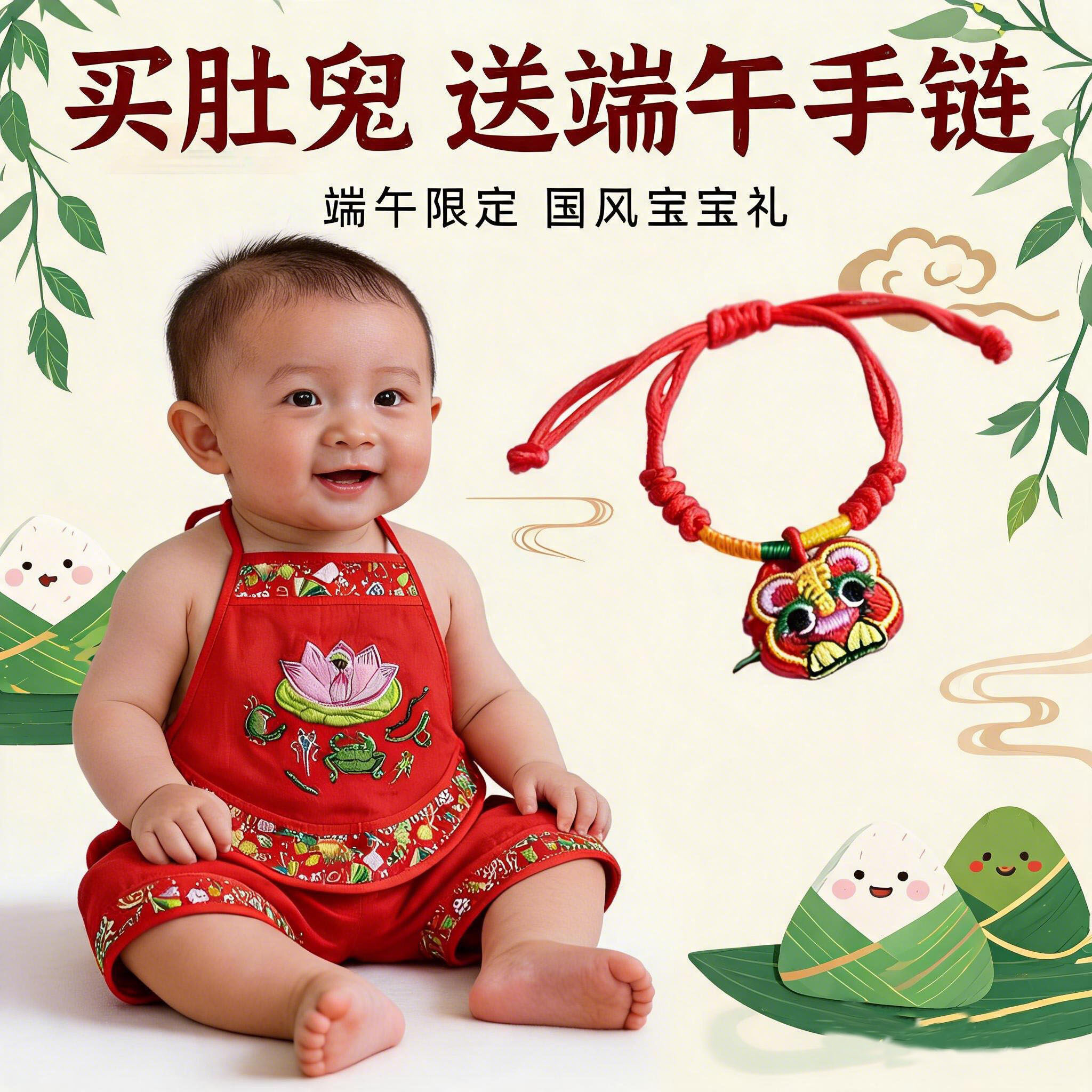 婴儿肚兜2026新款夏季男宝宝红色五毒绣花套装薄款女童小孩护肚子