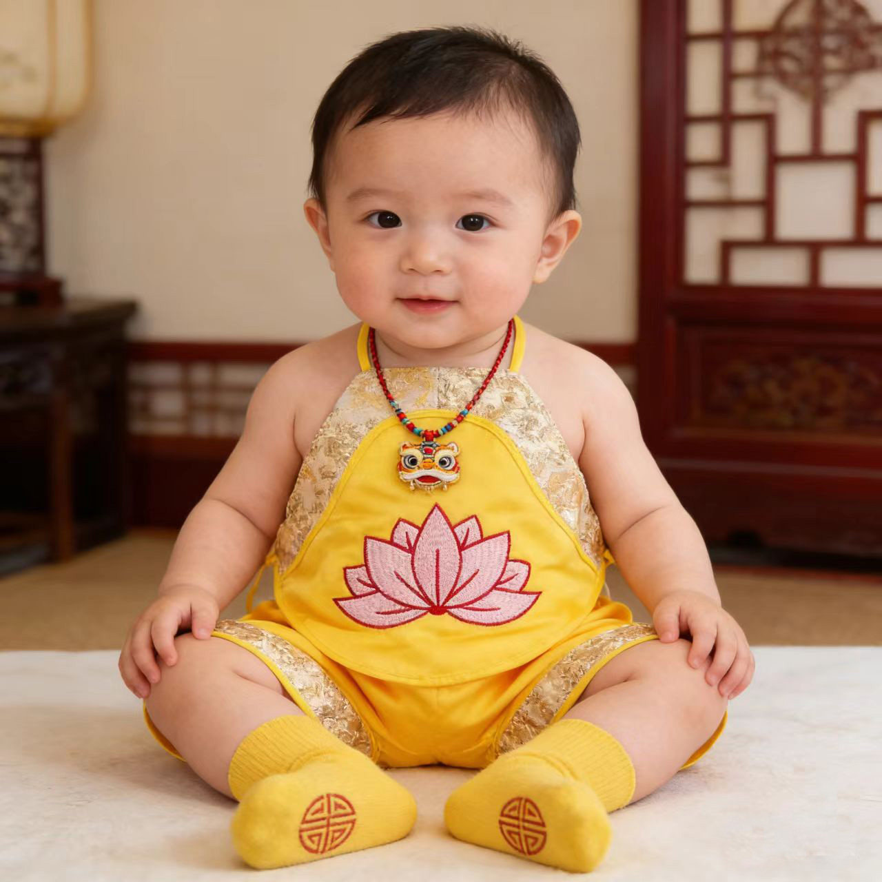宝宝肚兜2026春夏季婴儿黄色衣服端午节刺绣金荷满月一周岁小肚围