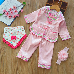 女宝宝唐装2024春秋长袖中国风女童汉服周岁礼服一岁抓周衣服粉色