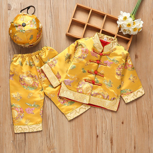 婴儿唐装黄色高端织锦缎宝宝周岁礼服2025春秋季小皇帝黄马褂男童