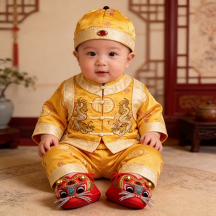 婴儿唐装黄色高端织锦缎宝宝周岁礼服2026春秋季小皇帝黄马褂男童