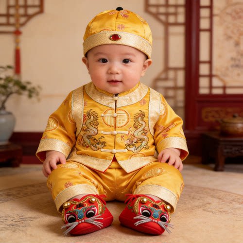 婴儿唐装男童春秋季黄马褂男童