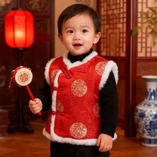 新年婴儿马甲加绒外穿棉背心女男宝宝拜年服一周岁礼服男童过年服