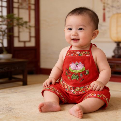 婴儿红肚兜纯棉夏季刺绣五毒
