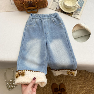 女童裤子2025新款加绒窄版直筒裤宝宝加厚羊羔毛翻边蝴蝶结牛仔裤