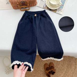 女童秋冬季新款洋气宝宝毛呢直筒裤长裤加绒阔腿裤花边宽松裤子潮