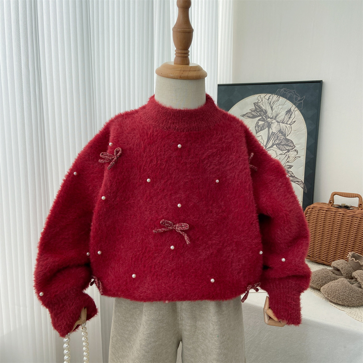 女童毛衣冬款2025新款洋气冬季加厚白色仿水貂毛钉珠红色针织衫潮