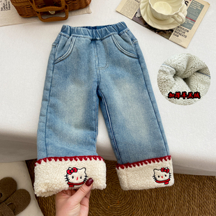 女童牛仔裤冬款软宝宝冬季洋气加厚羊羔绒裤子保暖长裤窄版直筒裤