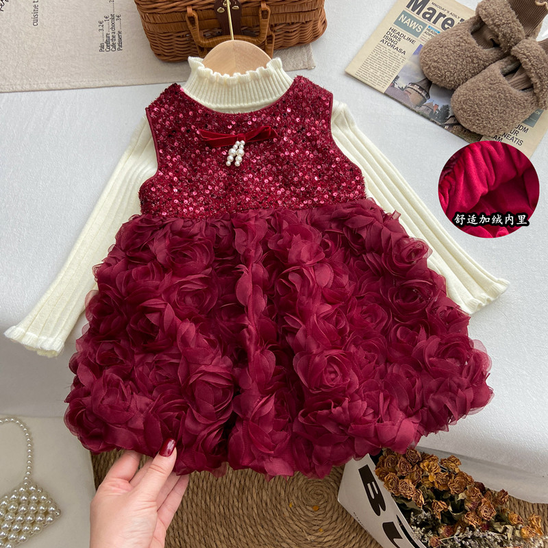 女童套装秋冬季2025新款韩系毛衣红色亮片礼服裙加绒背心裙新年装