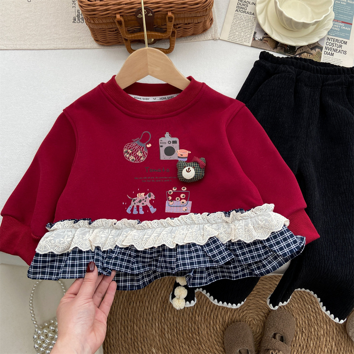 女童加绒卫衣宝宝秋冬季新款韩系洋气圆领小熊红色绒衫下摆拼接潮