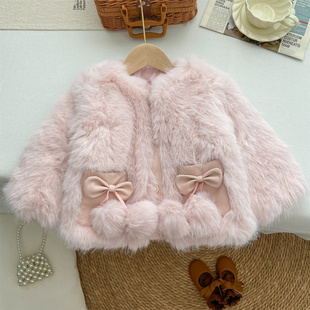 女童外套2025新款加厚夹棉仿皮草上衣冬季气质高级感粉色毛毛衣潮