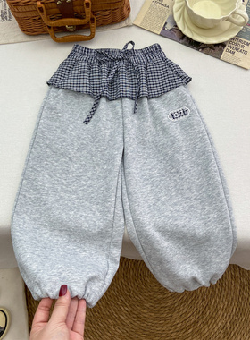 女童裤子春外穿宝宝春秋季灰色收口卫裤带屁帘格子花边长裤直筒裤