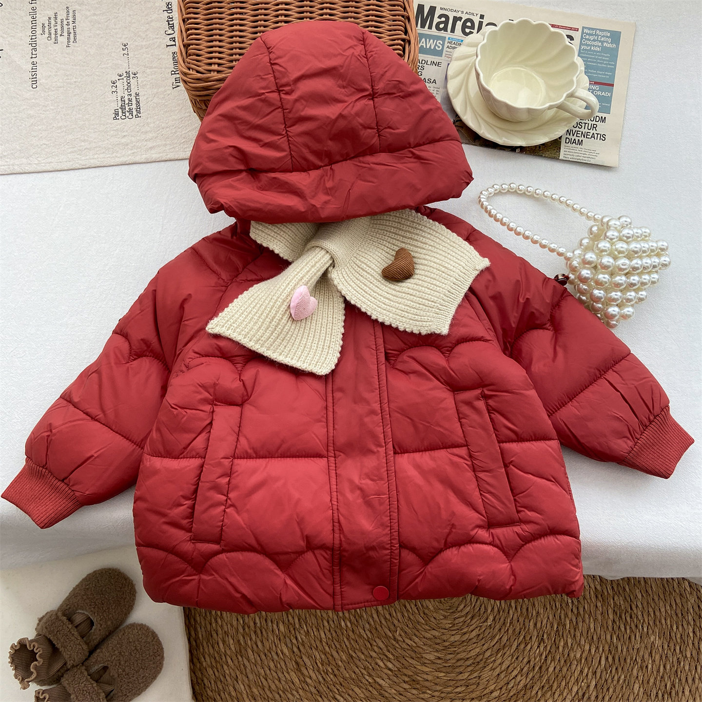 女童棉服冬装2025新款洋气宝宝红色连帽中长款棉衣加厚加绒外套潮