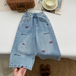 女童裤子2026新款春秋季韩系洋气牛仔裤精致刺绣小猫蝴蝶结直筒裤