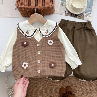 女童套装2026新款宝宝韩系洋气时尚小花针织马甲翻领衬衫灯笼裤子