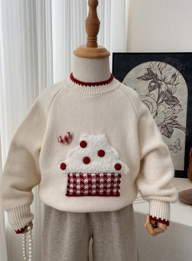 女童毛衣2025新款宝宝冬季加绒加厚圆领针织衫红色米白色内搭外穿