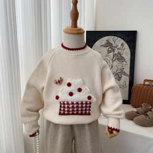 女童毛衣2025新款宝宝冬季加绒加厚圆领针织衫红色米白色内搭外穿