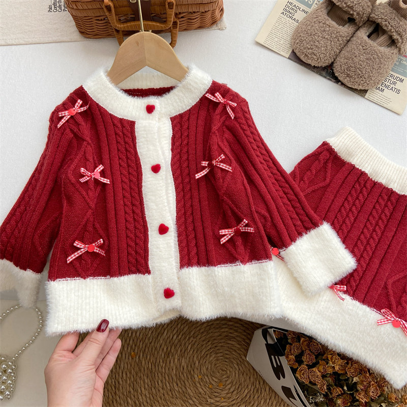 女童冬装2025新款洋气时髦套装韩系红色针织衫开衫蝴蝶结半身裙潮