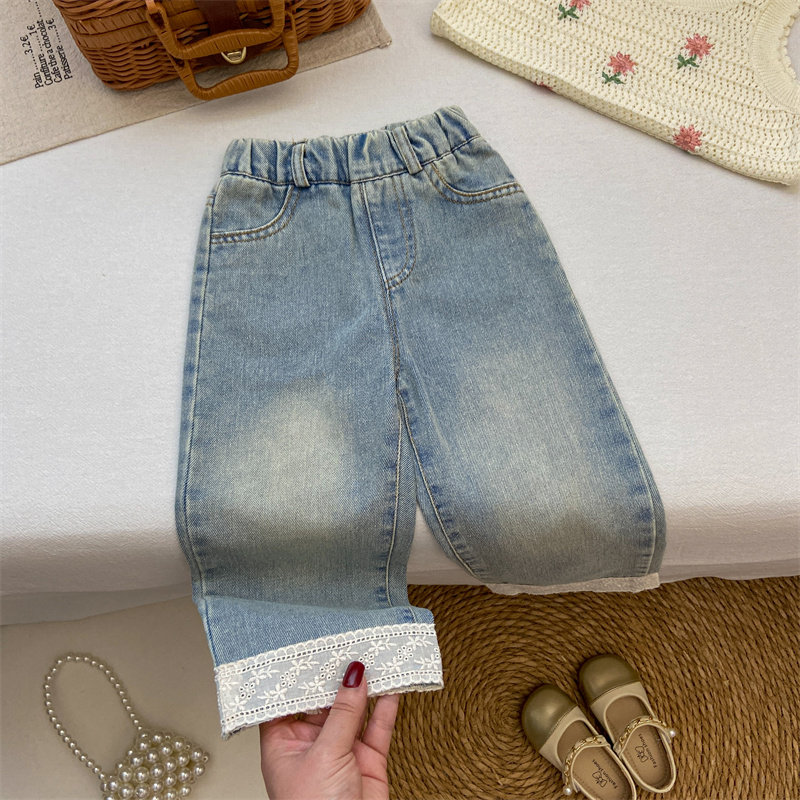 女童牛仔裤夏季新款直筒裤浅蓝色洋气舒适柔软长裤裤蕾丝花边裤子