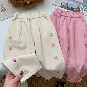 女童裤子2024春季新款米白色休闲裤女宝宝春秋洋气宽松长裤哈伦裤