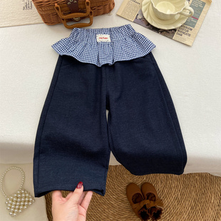 女童裤子春外穿宝宝韩系洋气春秋季新款弯刀裤带屁帘格子花边长裤