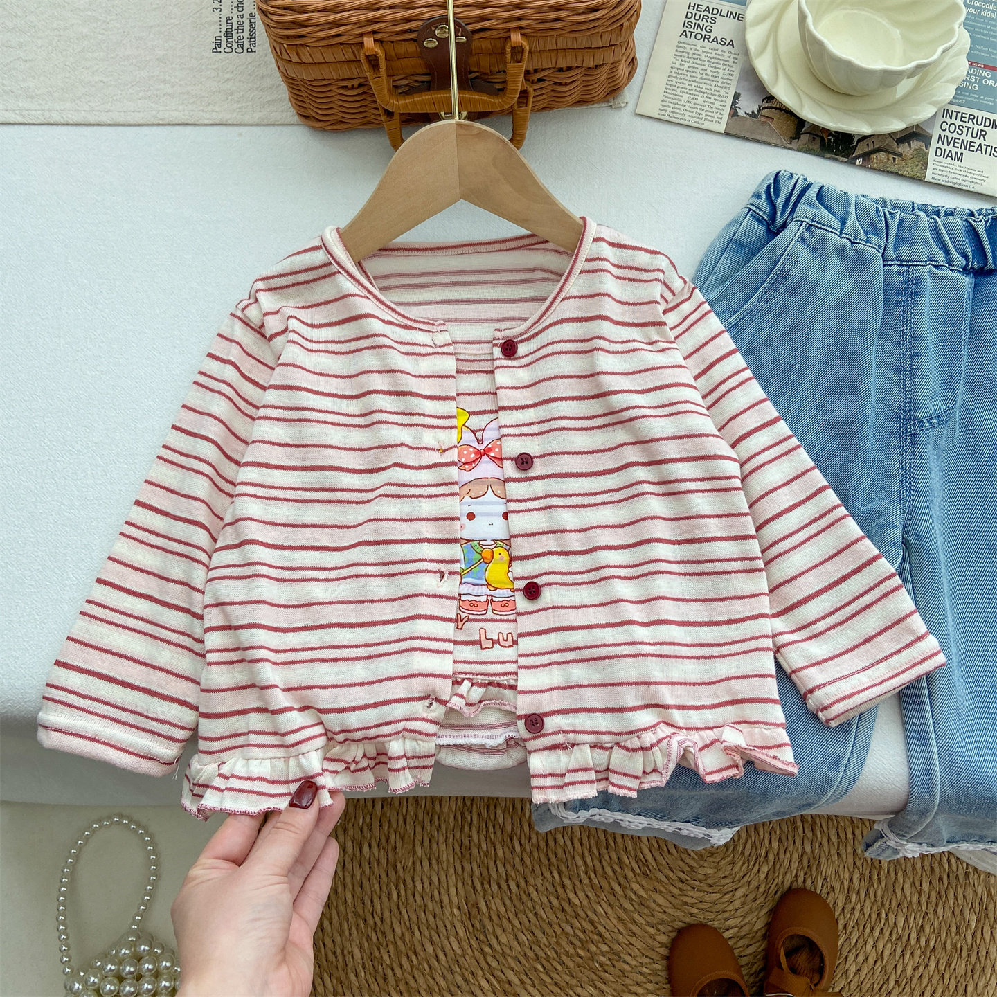女童春装上衣2026新款宝宝韩系洋气条纹吊带衫木耳边开衫两件套潮