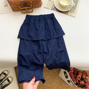 女童裤子夏季工装裤洋气时髦宝宝薄款时尚带屁帘长裤假两件休闲裤