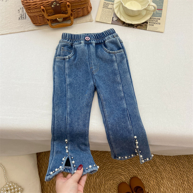 女童牛仔裤秋冬喇叭裤洋气时髦修身弹力一体绒牛仔裤长裤加绒裤子