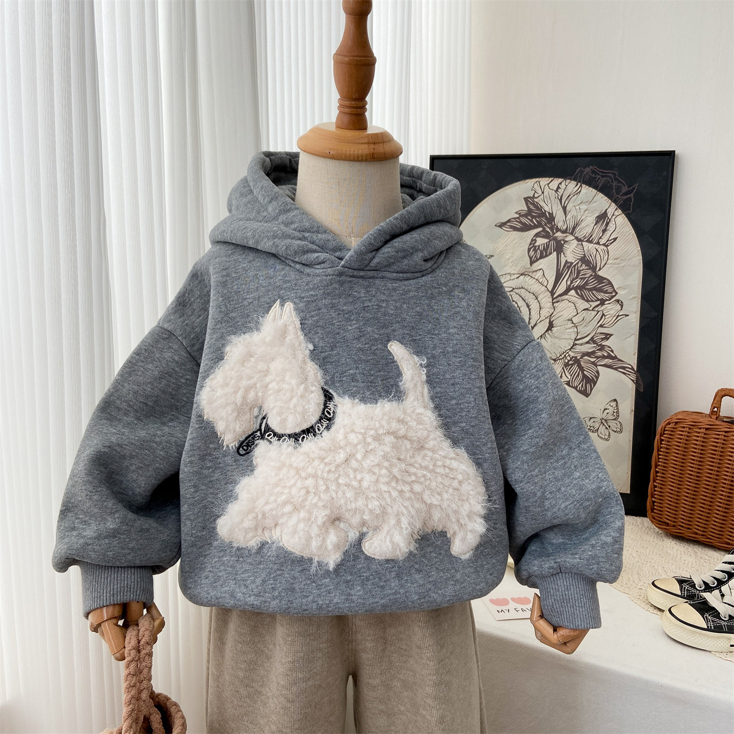 女童加绒卫衣宝宝加厚洋气儿童冬季带帽上衣小狗羊羔绒保暖帽衫潮