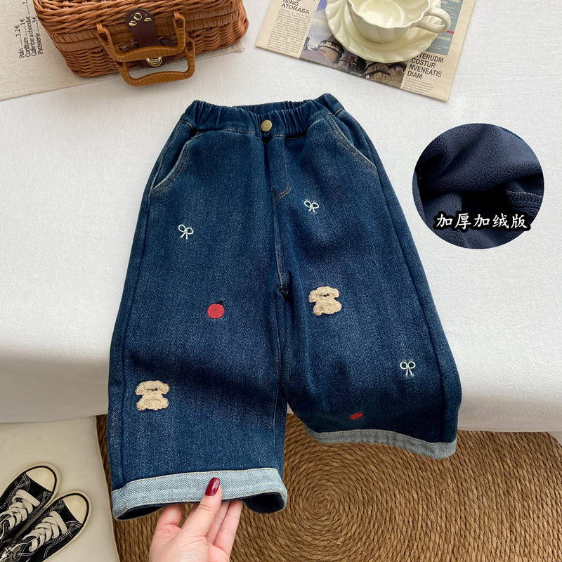 女童牛仔裤秋冬款时髦加绒加厚刺绣裤子冬季韩系宽松长裤直筒裤潮