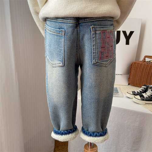 软牛仔！加厚羊驼绒女童牛仔裤