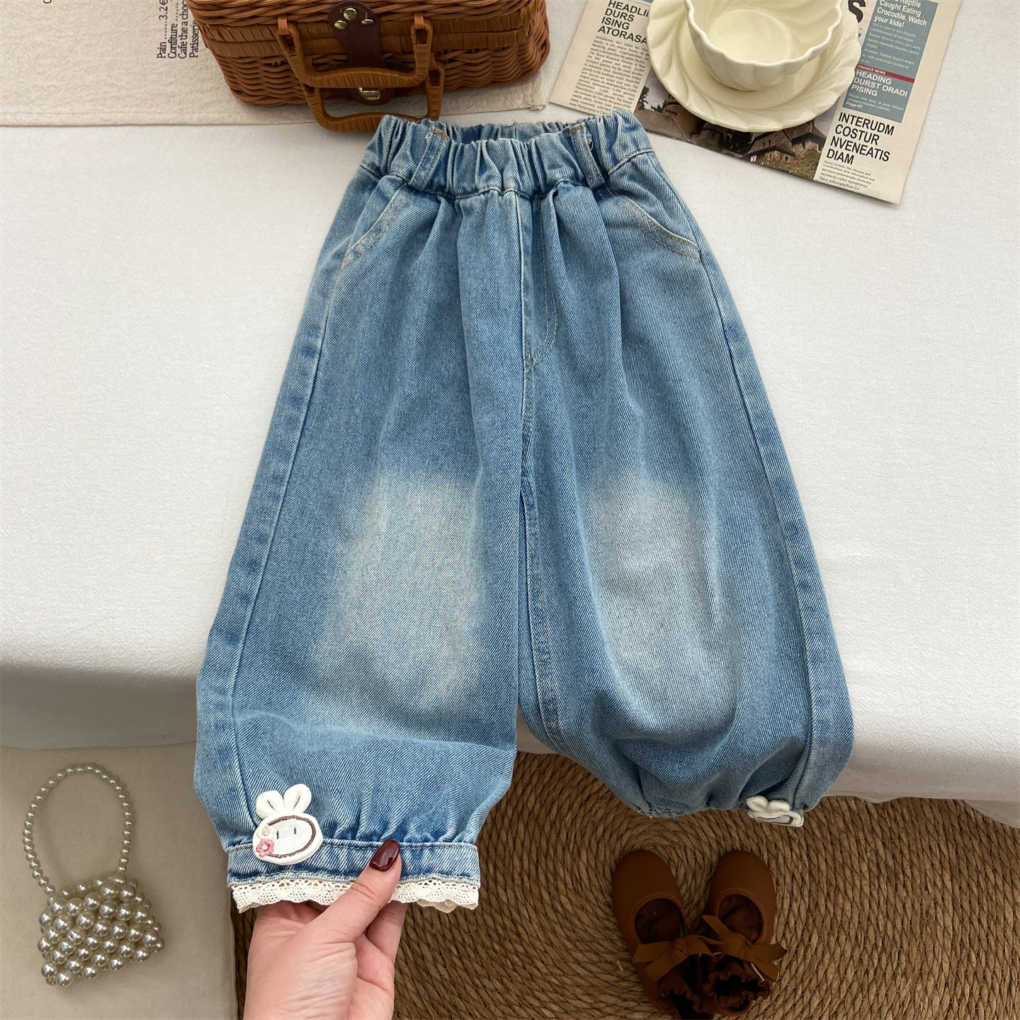 女童春秋季新款洋气宝宝收口灯笼裤长裤兔子牛仔裤花边宽松裤子潮,童装/婴儿装/亲子装,裤子,淘宝优惠券,粉丝福利购,淘宝优惠卷