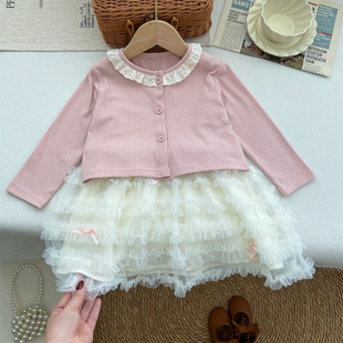 女童套装春装2026新款宝宝韩系洋气长袖连衣裙纱裙粉色花边开衫潮