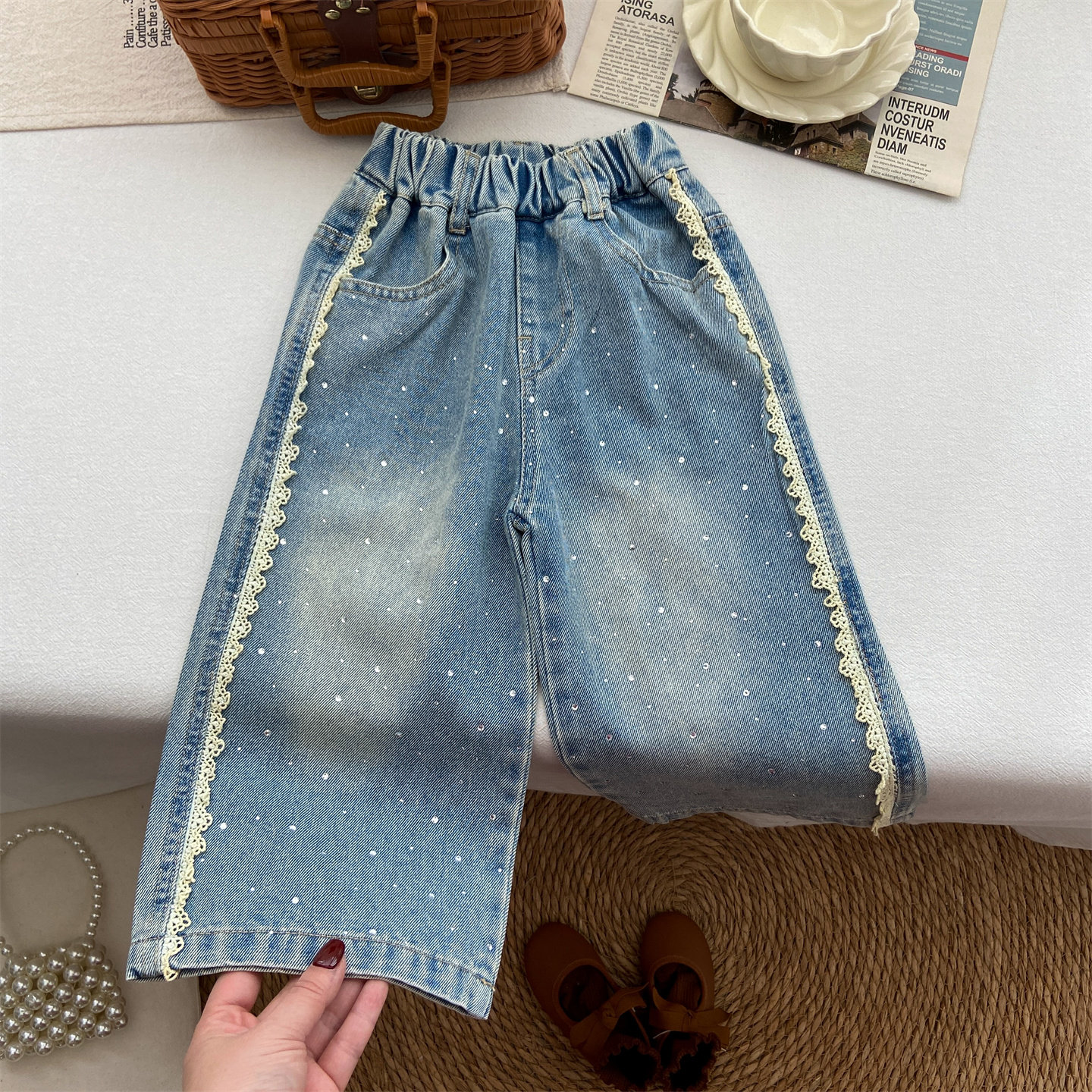 女童牛仔裤春季直筒裤宝宝韩系洋气时髦花边烫钻亮闪长裤时尚裤子