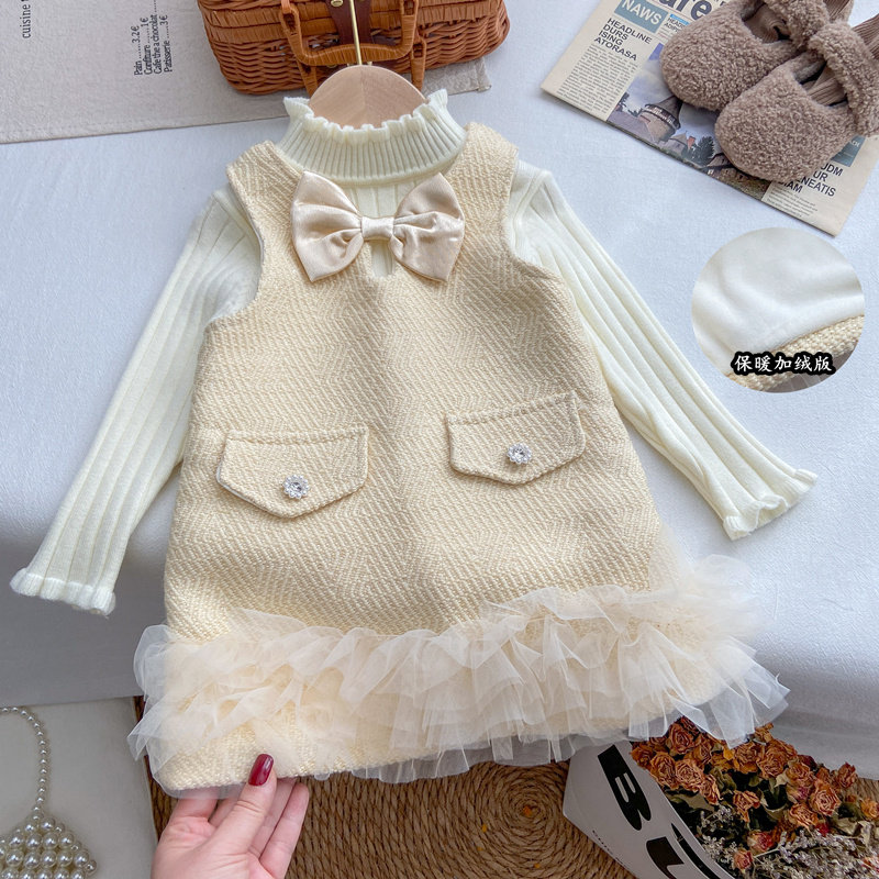 女童秋冬套装时髦洋气礼服新年装半高领针织衫小香风加绒背心裙子