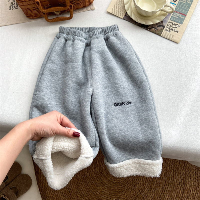 女童裤子秋冬款2025新款软冬季灰色卫裤阔腿裤时髦加厚羊羔绒长裤