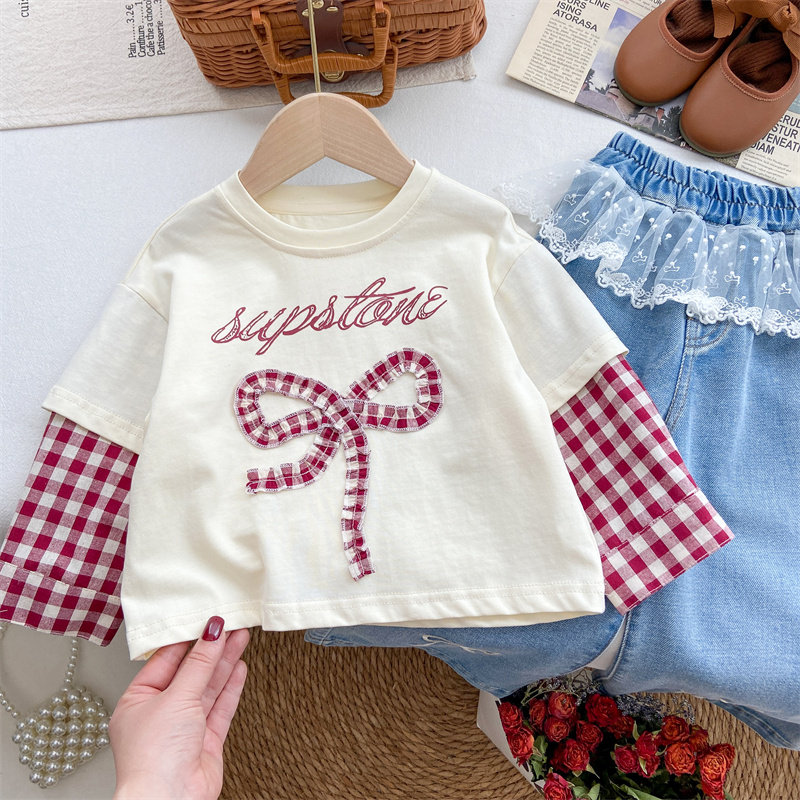 女童春装2026新款女宝宝韩系洋气圆领拼接袖红色格子上衣宽松小衫