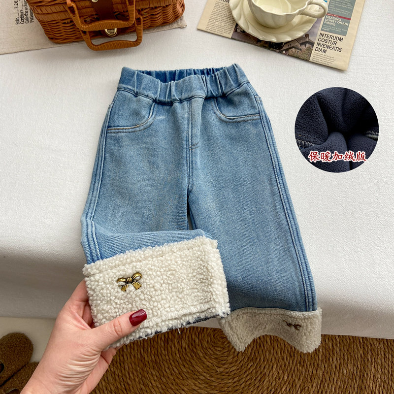 女童裤子秋冬款2025新款宝宝洋气加厚窄版直筒裤加绒牛仔裤长裤潮